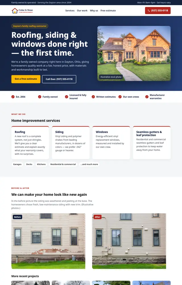 Concept homepage design for a home improvement company, with a navy and yellow colour scheme