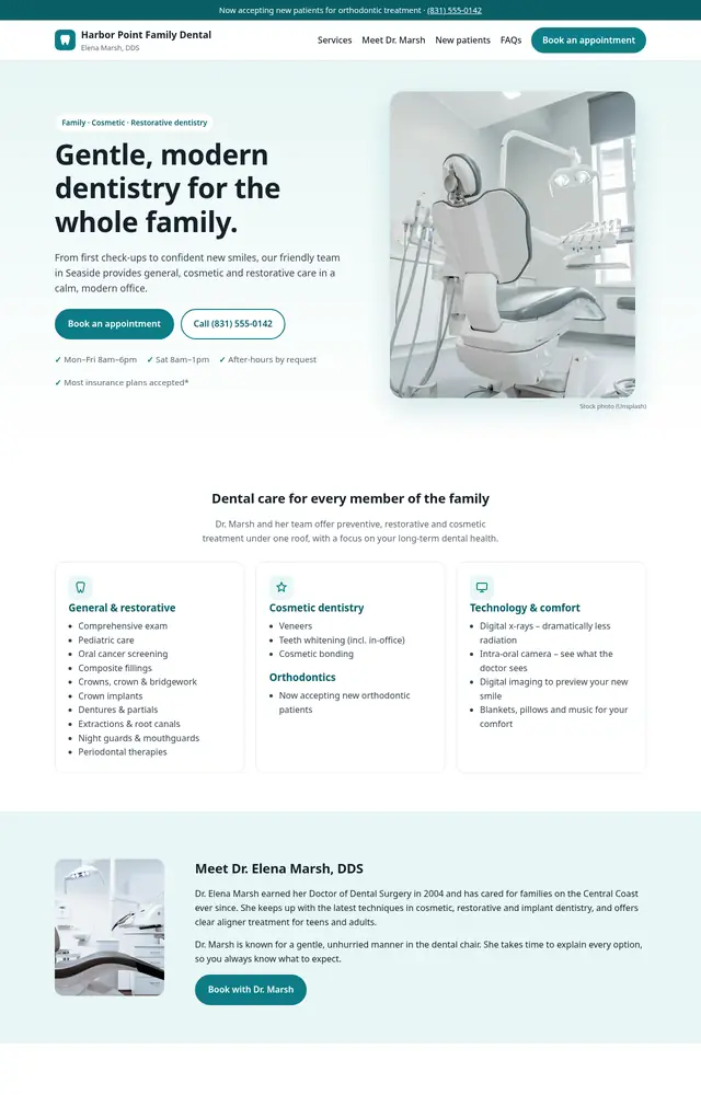 Concept homepage design for a family dental practice, with a light teal palette and booking button