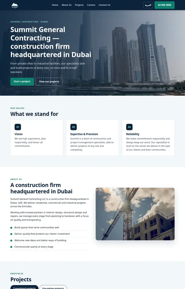 Concept homepage design for a construction contractor in Dubai, with a navy corporate style