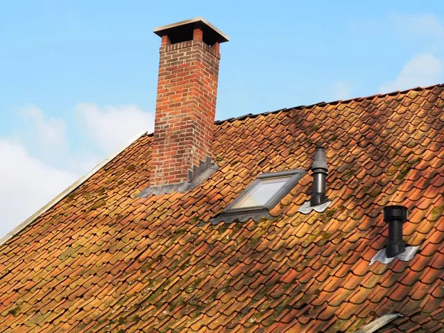 Weathered clay tile roof with a brick chimney and rooflight