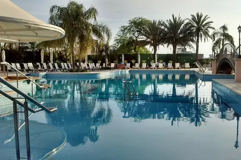 Resort pool and palm-lined terrace