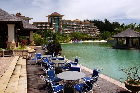Resort lagoon with terrace seating