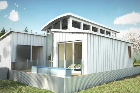 Rendering of a modern villa with a curved roof
