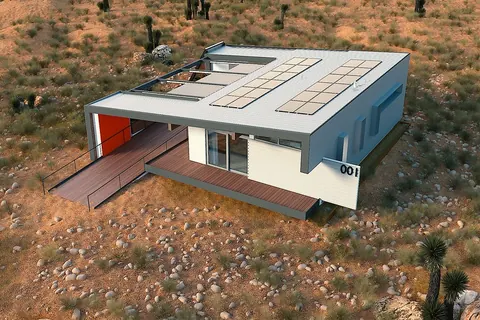 Aerial rendering of a villa with rooftop solar panels