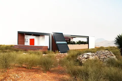 Rendering of a low modern villa in a desert landscape