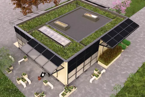 Aerial rendering of a courtyard building with a green roof