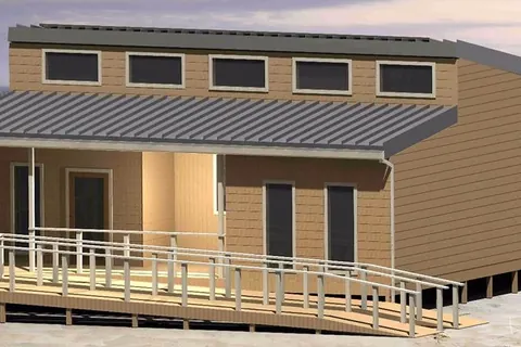 Rendering of a single-storey building with a deck